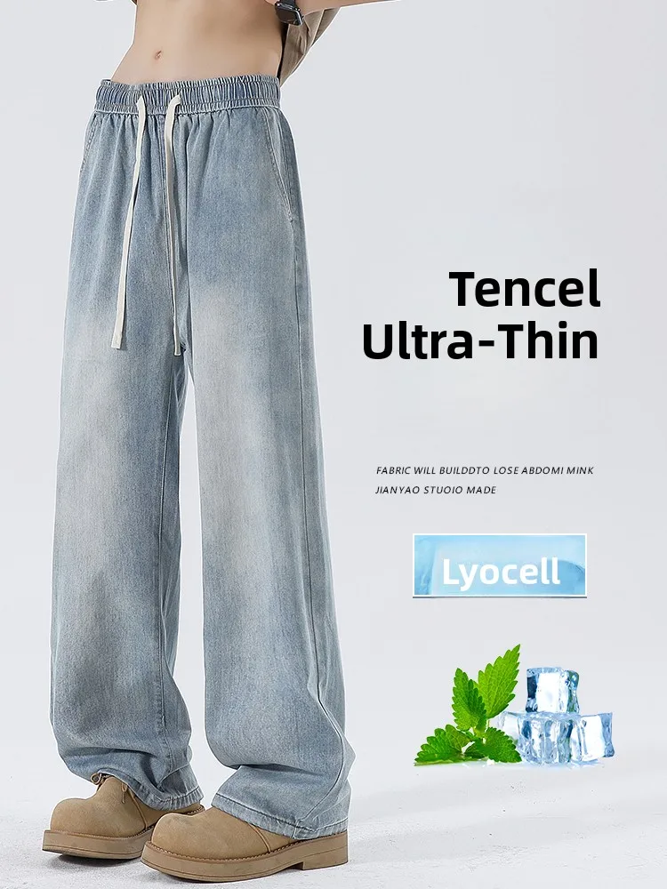 

Linen Lyocell Men's Summer Thin Wide Leg Jeans Casual Loose Fit Straight Leg Pants Retro American Waed Spring Autumn Long T...