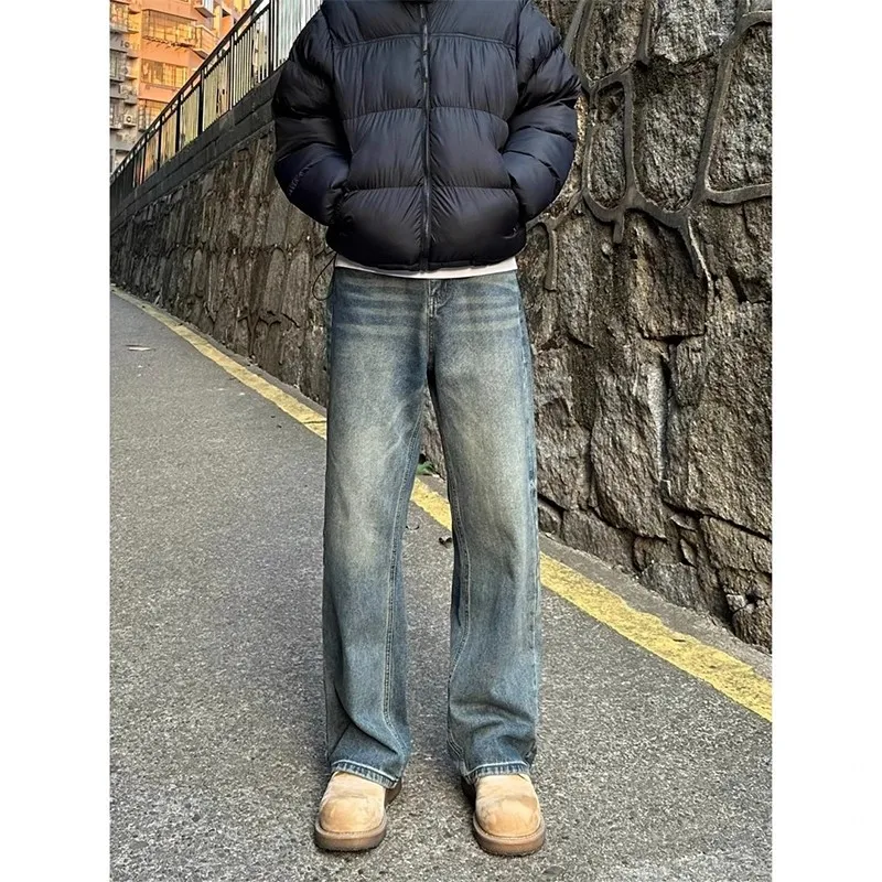 

Мужские винтажные синие джинсы Cleanfit с высокой талией, свободные, прямого кроя, слегка расклешенные, в американском уличном стиле, износостойкие