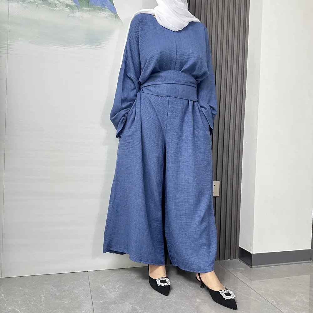 Ramadan Muslim Women Long Sleeve Loose Wide Leg Pants Jumpsuit Belt Islam Clothing Turkey Kaftan Dubai Abaya Eid Romper Overalls