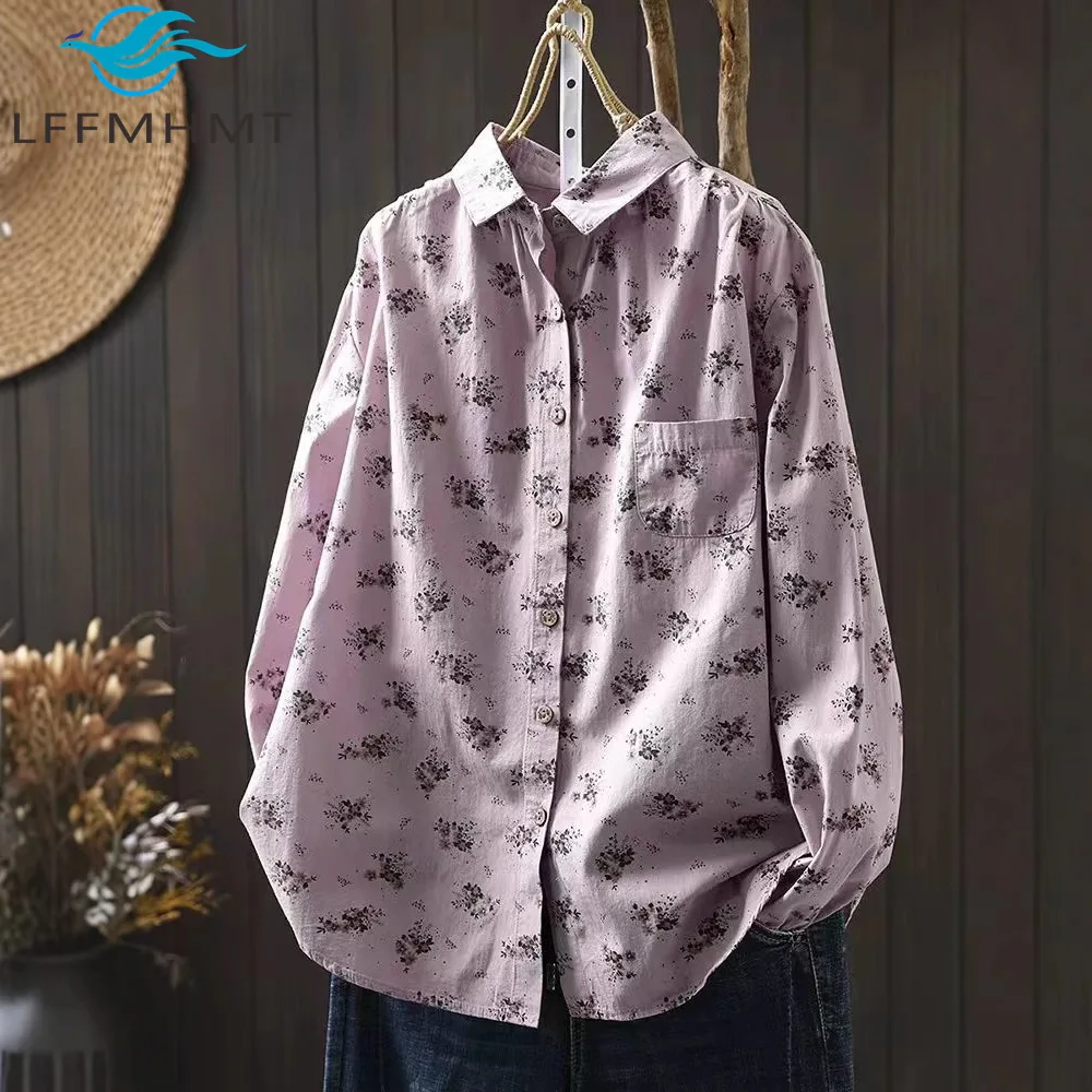 Good Quality Cotton Shirt for Women Spring Fall New Fashion Flower Print Long Sleeve Loose Casual Blouse Female Korea Style Tops