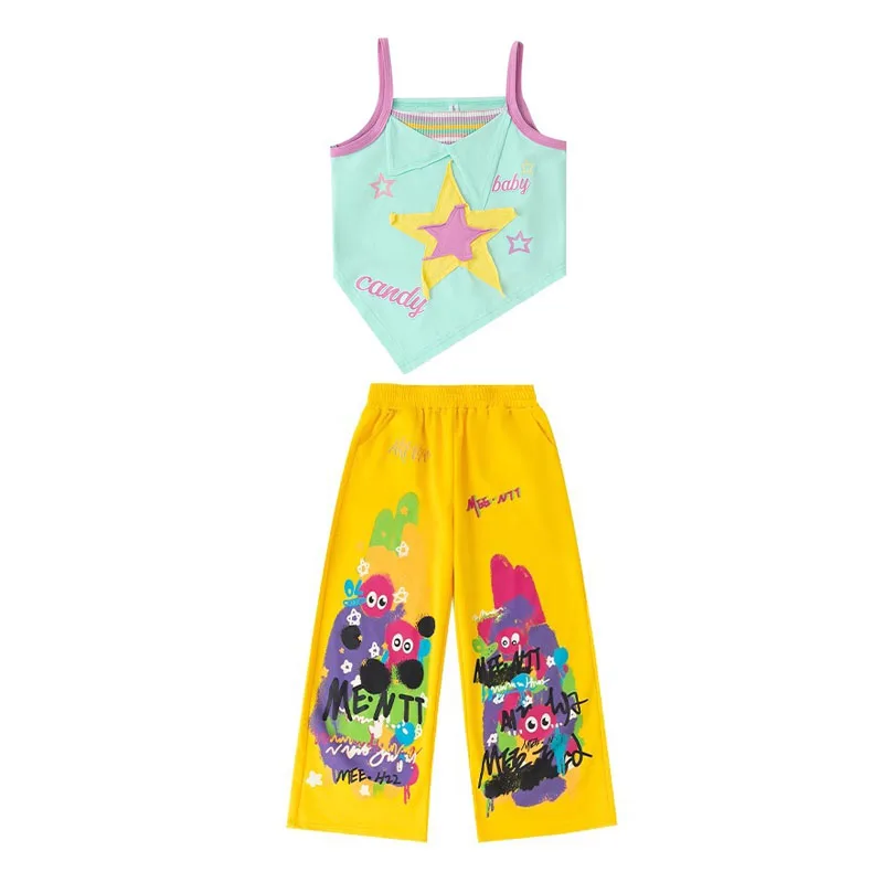 Ropa bonita de Hip Hop para chico, camiseta sin mangas corta con tirantes azules, pantalones deportivos anchos informales con estampado amarillo para niña, traje de baile de Jazz, ropa