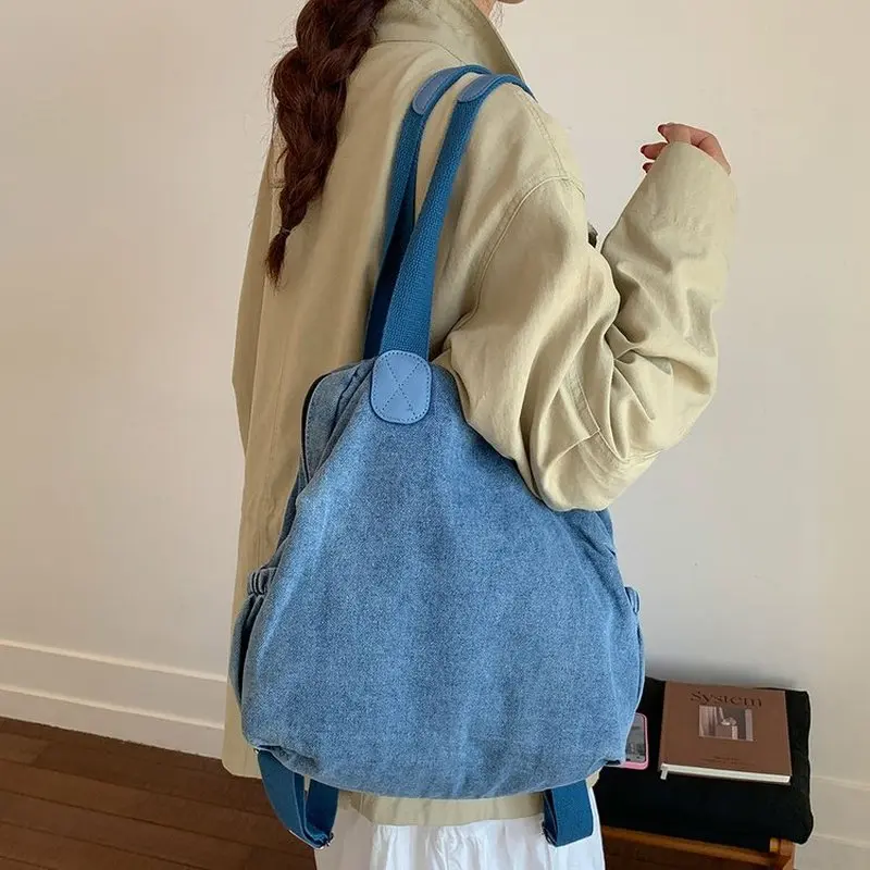 Washed Denim Tote Bag For Women Ladies Casual Shoulder Handbag Large Travel Shopper Purse With Black Handle Side Pocket
