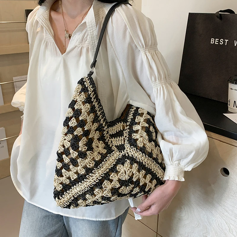 MOODS Straw Woven Shoulder Bags For Women Geometric Large Capacity Shopper Totes 2024 Summer New Travel Beach  Handmade Handbags