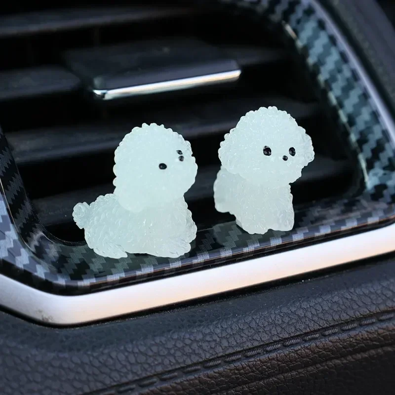 New Glow-in-the-Dark Resin Car Small Ornament Cute Puppy Bichon Frise Cars Center Console Decorations Mini Decorative Parts