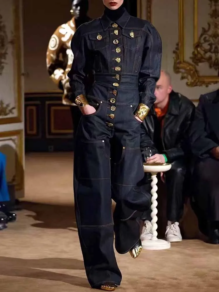 MCDV épissé bouton en métal Denim veste pantalon ensemble femmes Chic rue revers à manches longues manteau ample taille haute jean 2 pièces tenues