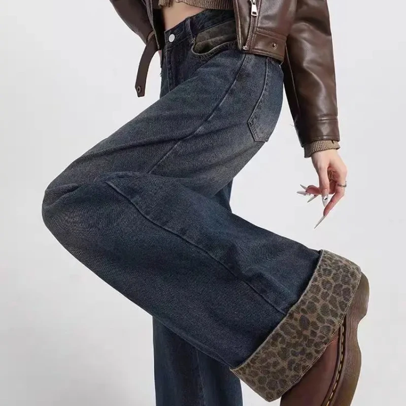 Trend Retro Street coreano Y2K stampa leopardata patchwork design jeans a gamba larga donna pantaloni larghi a gamba dritta bordi arrotolati ragazza