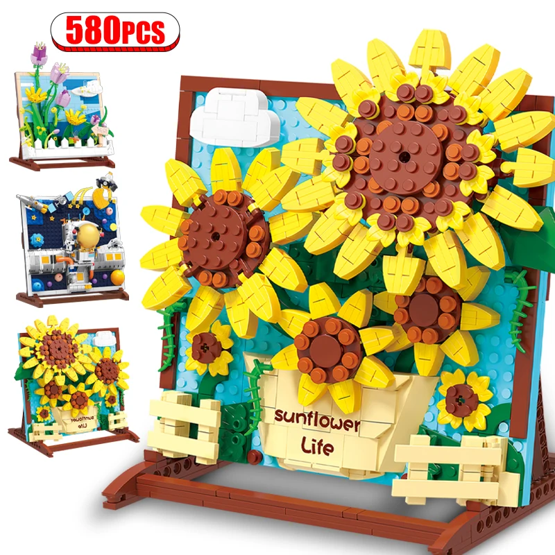 

Mini Sunflower Flower Frame Model Artwork Painting Tulips Home Decoration Building Blocks Children Bricks For Kids Toys Gifts