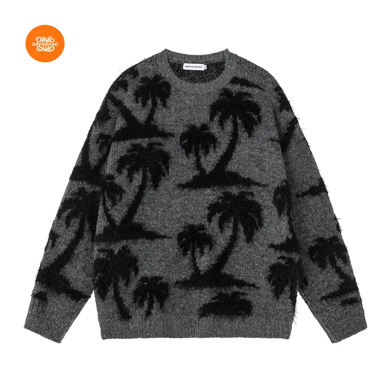 

DAVIDSHAO Европейский размер США Одежда высшего качества Уличная уличная одежда Роскошный оверсайз Ретро жаккардовый свитер с круглым вырезом из кокосовой пальмы