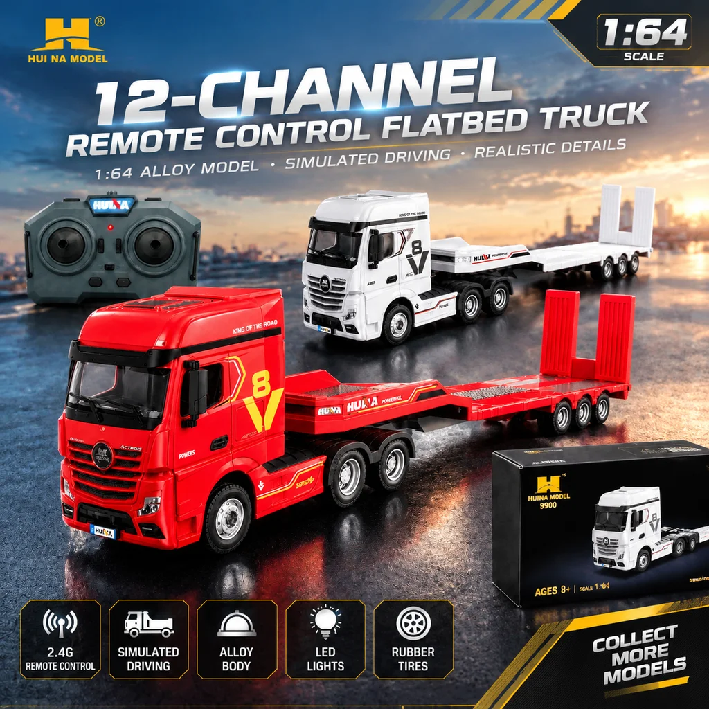 Huina 9900 RC Car 1/64 Scale 12CH Flatbed Truck Model Alloy Remote Control Encineering Vehicle Series Trailer Vehicle Model Toys