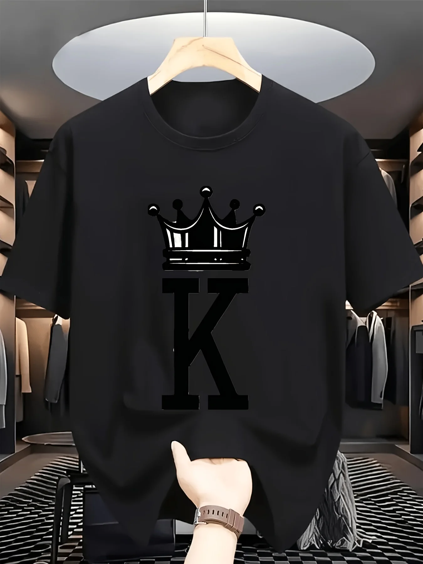 [Crown Graphic Tee] Stylish Black T-Shirt with Bold White Crown Graphic And Large Letter 'K' Perfect Casual Tee for Everyday Wear Eye-Catching Design for Fashion Enthusiasts