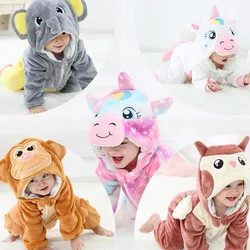 0-4T Baby Girls Pink Rompers Winter Warm Flannel Hooded Kigurumi Elephant Pajamas Baby Rompers Brown Kids Overalls Boys Onesies