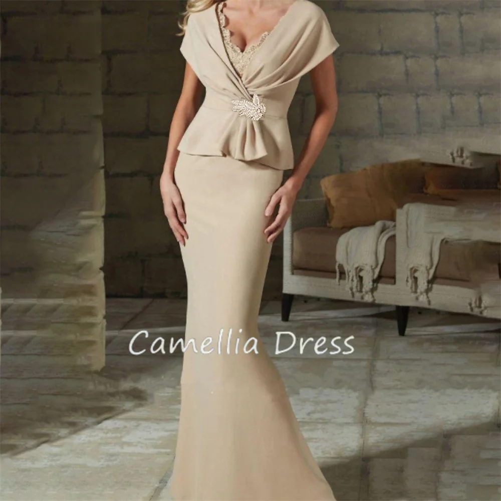 

New V Neck Mother Of The Bride Dress Sheath Floor Length Short Sleeve Ruffles Formal Dresses Vestidos Mae Da Noiva Casamentos