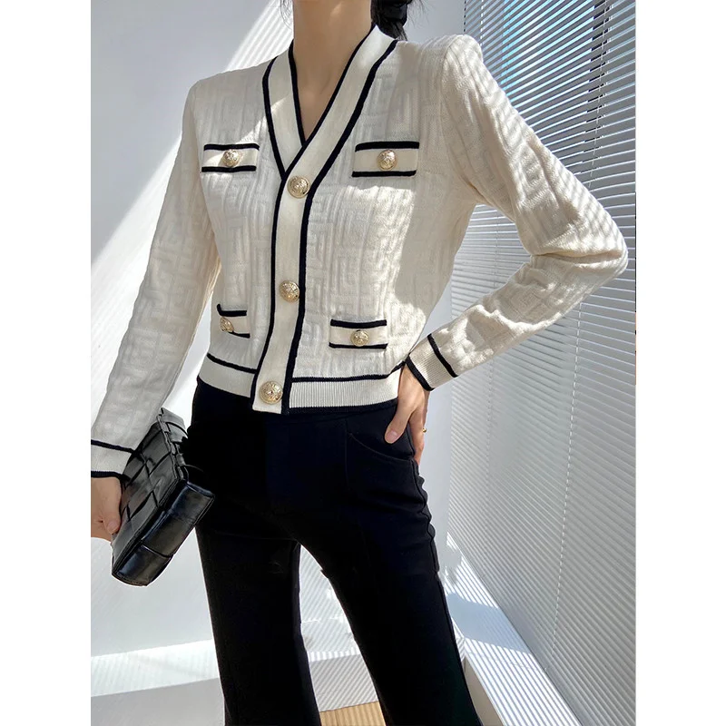 Special Jacquard Craft Knit Cardigan Jacket Women\'s Autumn College Style Short Sweater Black V-neck Outer Long Sleeve Top