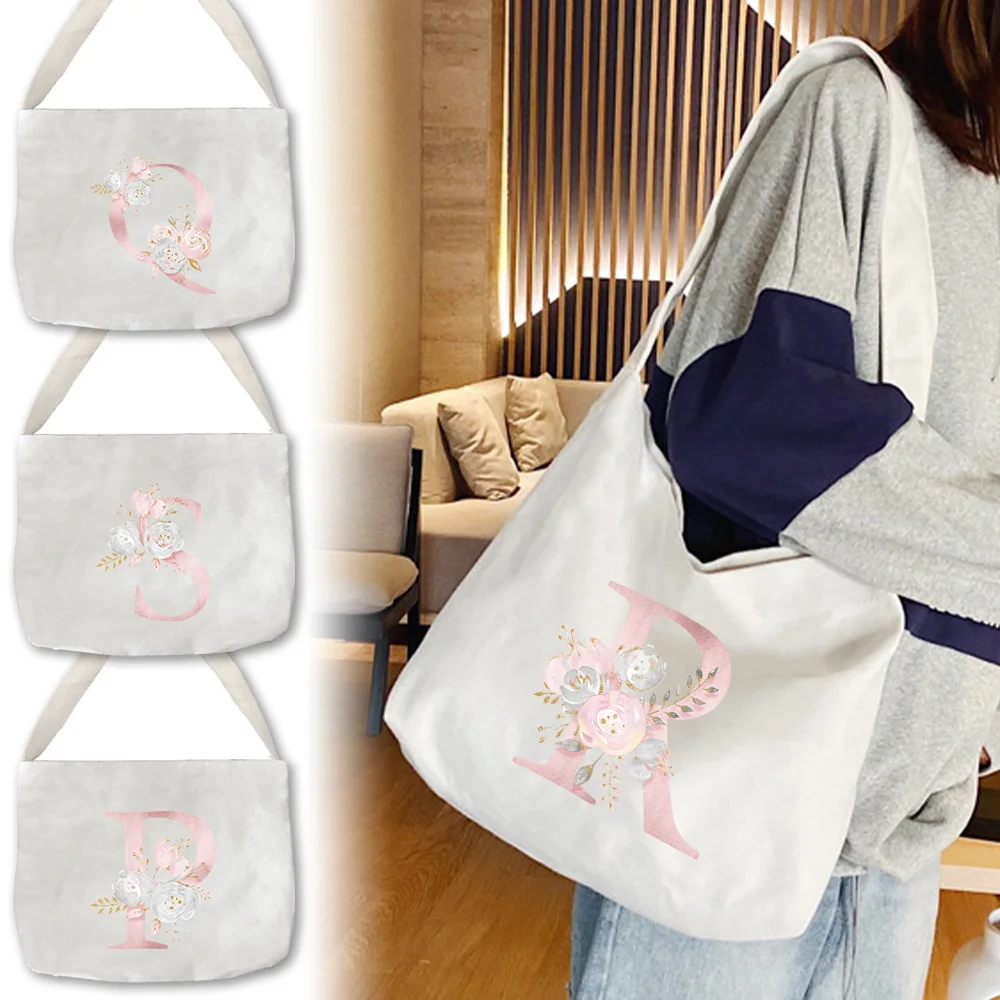 Women Shoulder Bag tote bags Canvas Commuter organizer 2024 printnig 2Pink flower series canvas white Ladies Hand Bags