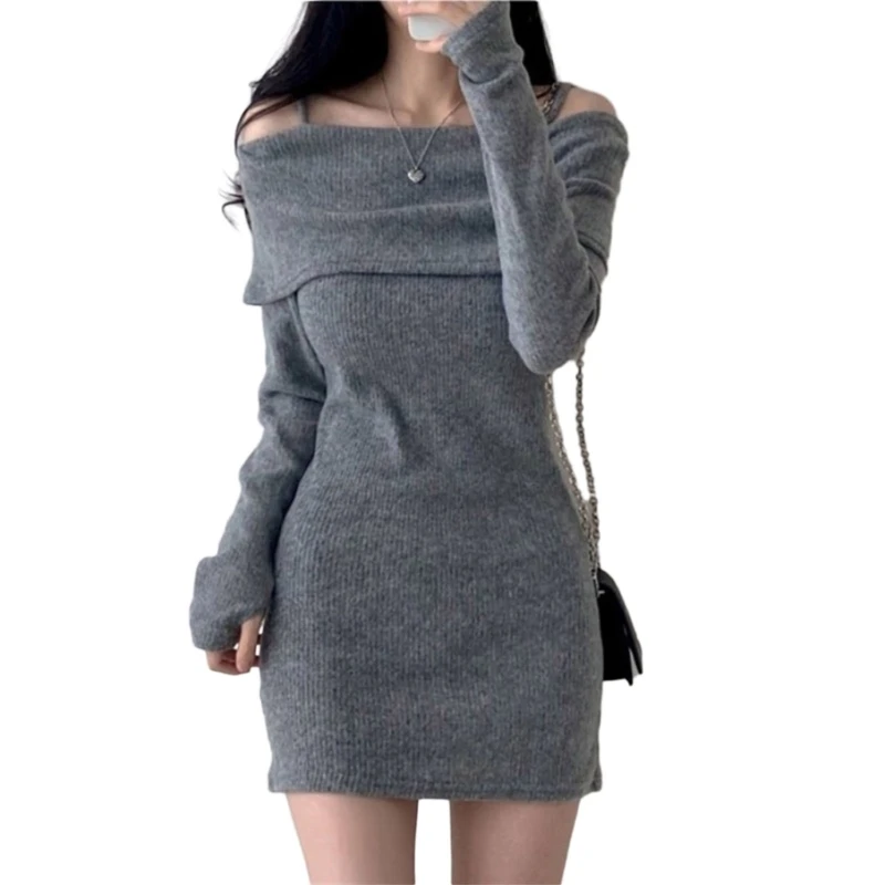 LuFeng Vestido corto sexy de manga larga con hombros descubiertos y corte entrecruzado sin espalda para mujer, Negro