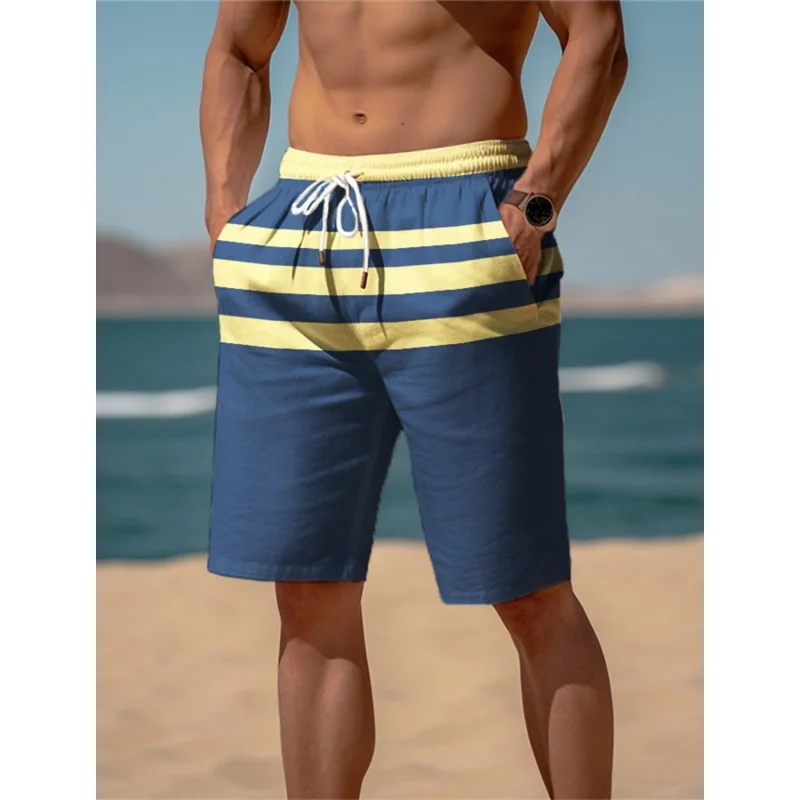 3D Printed Colorful Stripes Short Pants For Men Color Block Pattern Swim Trunks Casual Swimwear Beach Sports Surf Board Shorts