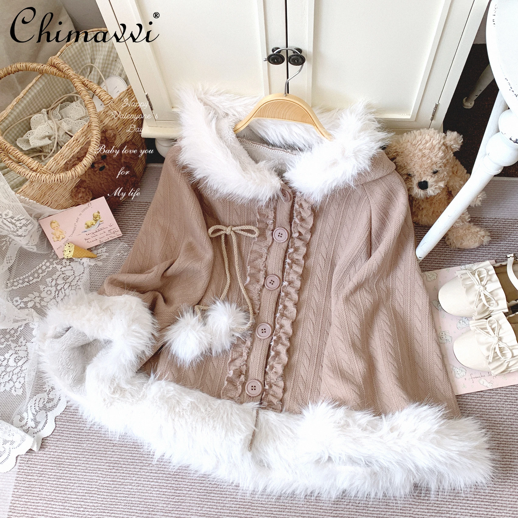 

Japanese Sweet Girl Frilled Knitted Hooded Lace Bow Fleece Cape Autumn New Cute Women Loose Kawaii Lolita Cloak Ponchos