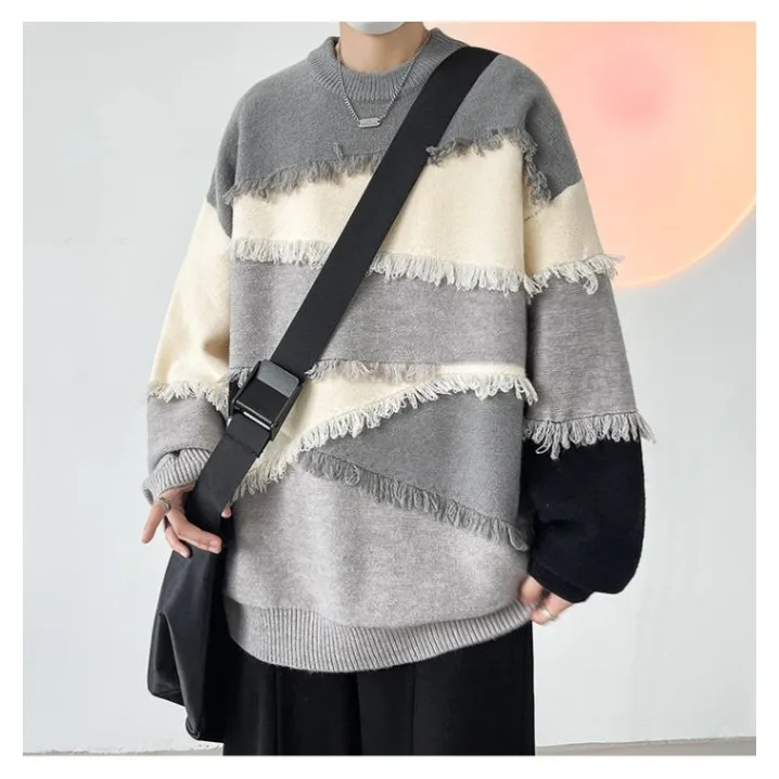 

Men's Oversize Knitted Sweater Autumn Winter Casual Comfortable Loose Fit Long Sve round Ne Pullover with Frayed s