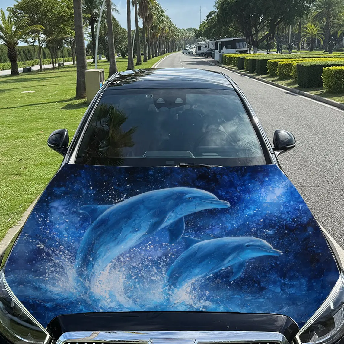 

Mesmerizing Twin Dolphins in Starry Blue Sea Car Vinyl Wrap, PVC Material Waterproof Car Hood Sticker, Self-Adhesive Scratch-Res