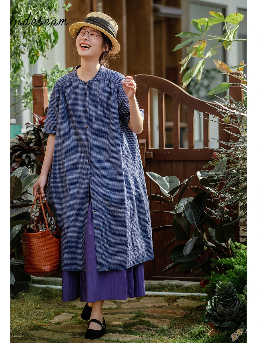 

Свободная женская рубашка из чистого хлопка в клетку с длинным рукавом, летняя, с коротким рукавом, для многослойных образов, синяя, в повседневном стиле, дышащая, удобная