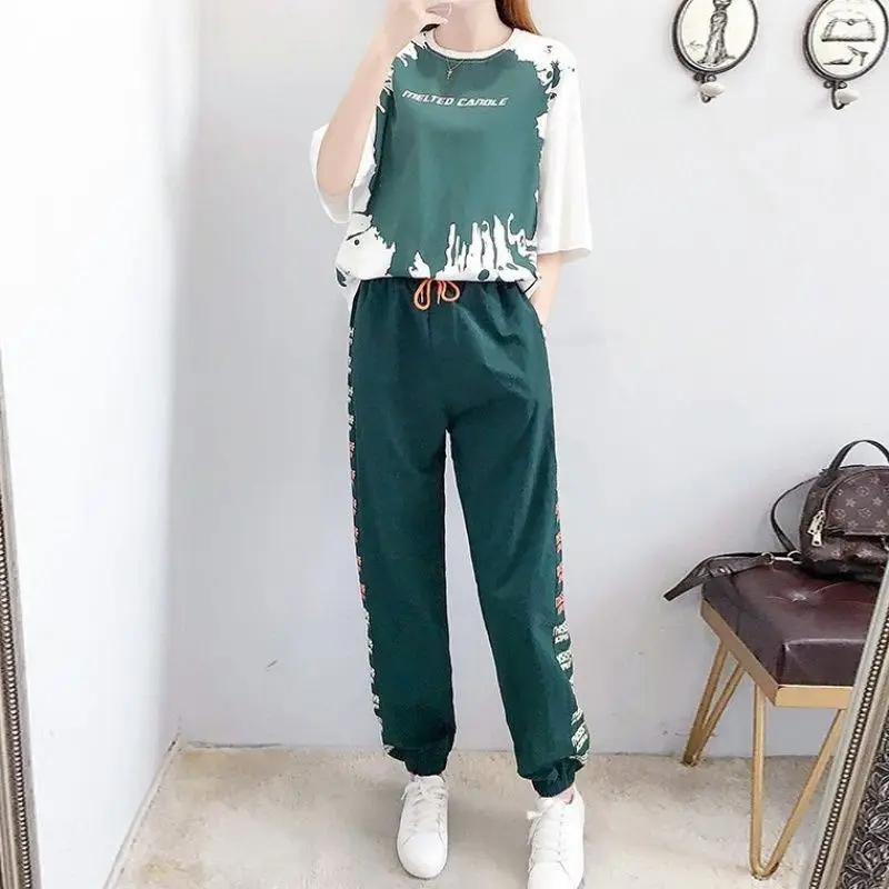 Women's 2024 Summer New Student Fashion Thin Harlan Long Pants Casual Round Neck Short Sleeve Printed Loose Sports Two-piece Set