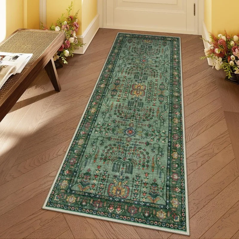 Luxury Retro Hallway Long Rug Washable Kitchen Mat Green Non-slip Bedroom Bedside Soft Carpet Botanical Floral Design Teppich 러그 - Image 3