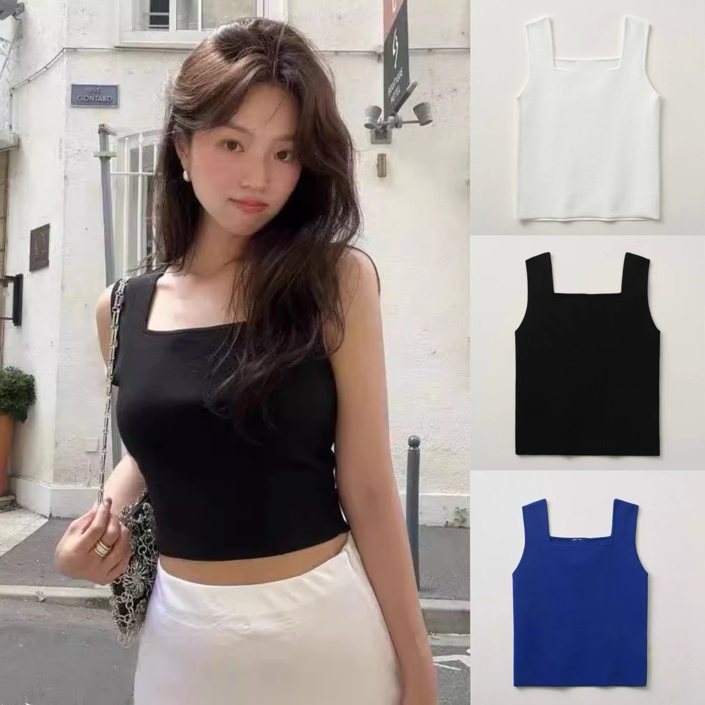 Slim Fit couleur Pure col carré tricoté gilet été 2025 coréen décontracté Sle femmes Faion mince matériel modèle