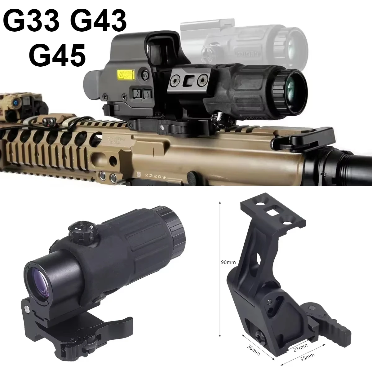 3X 5X Magnifier UN Fast Mount Optics Riser Mount Flip Tactical G33 G43 G45 Magnifier Scope Holographic Red Dot Sight