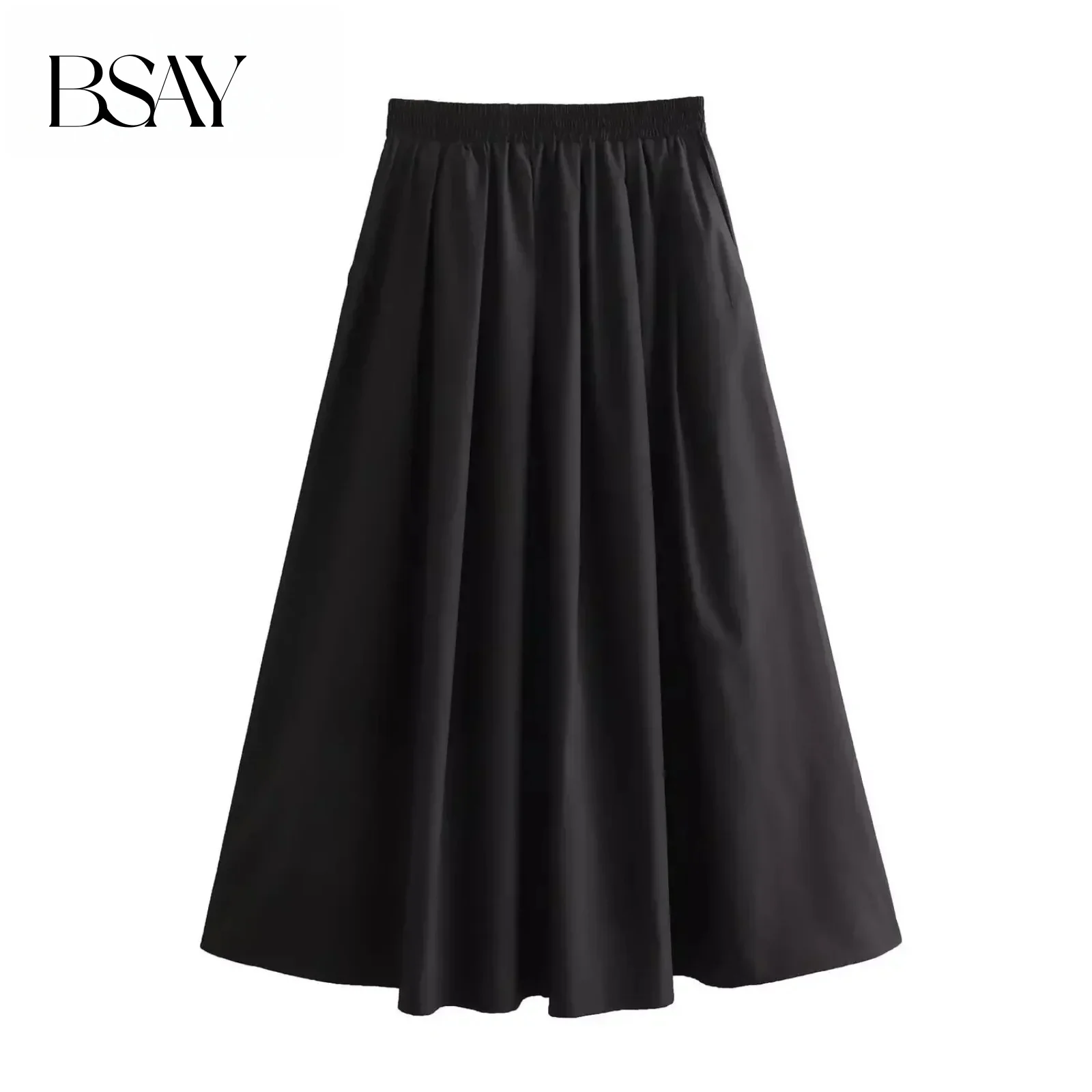 

BSAY Women's Fashion Spring New Black Wide Pleated Swing Vintage Chic Female High Waist Elegant A-line Long Skirt Mujer