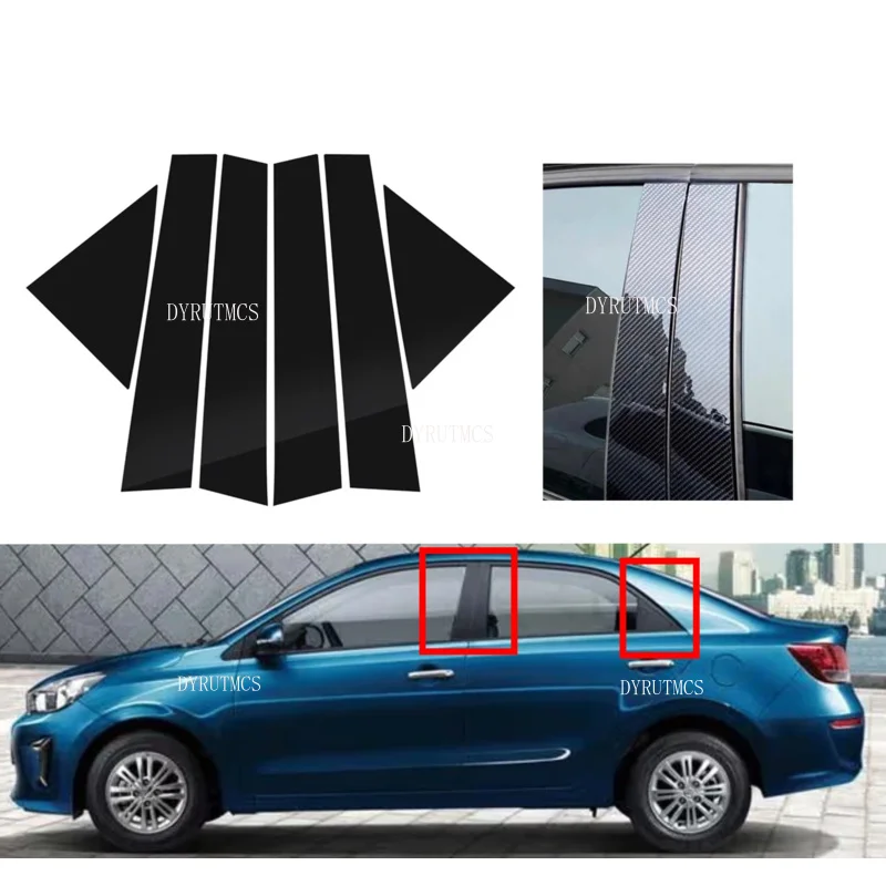 Car Door Window BC Pillar Post Cover Trim Sticker Fit For Kia Pegas Soluto 2017 2018 2019- 2022 Glossy Black/Carbon Fiber Style