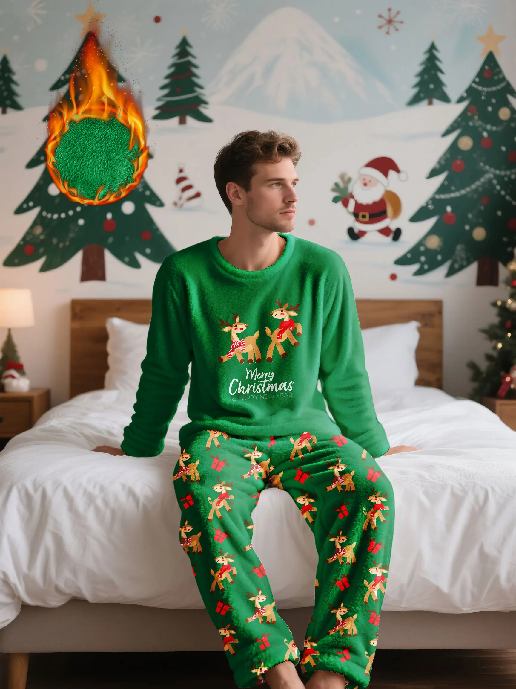 

Men's Christmas-themed fleece pajama set, featuring a long-sleeve top and matching pants, comfortable and casual loungewear