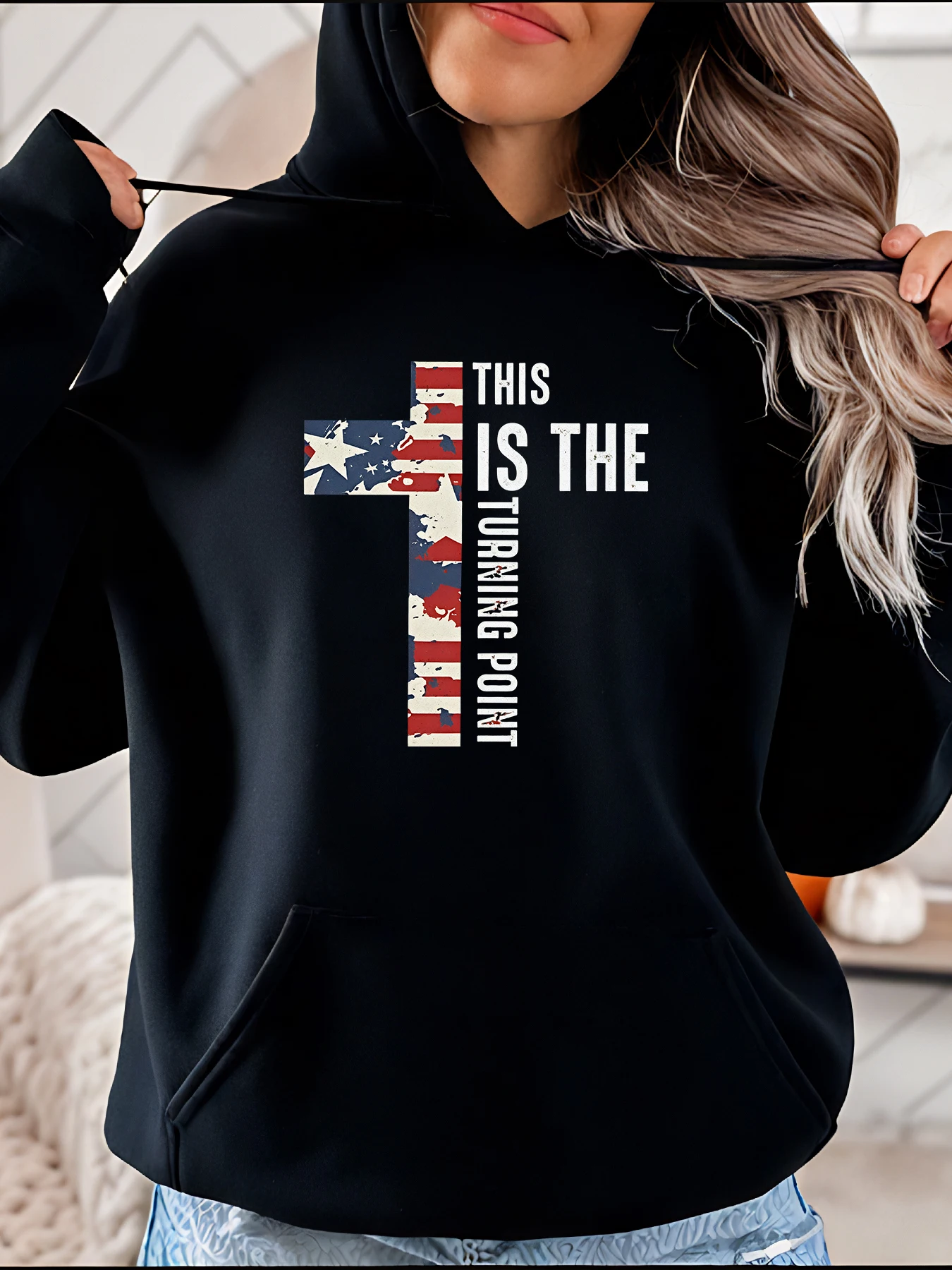 

Толстовка с крестом и американским флагом, толстовка с принтом This Is The Turning Point, христианский религиозный женский повседневный модный пуловер