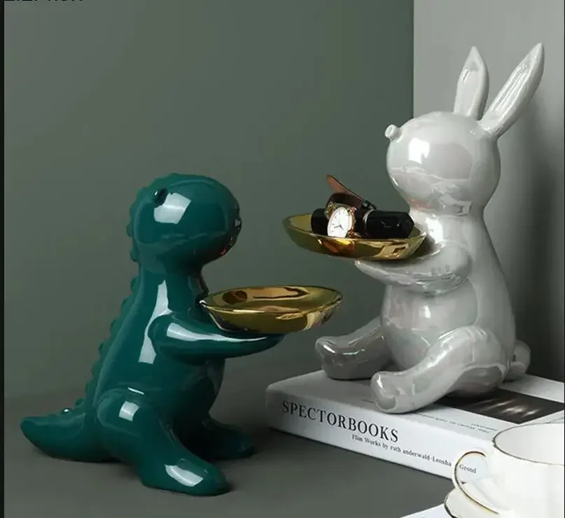 

Ceramic Animal Ornaments Rabbit Dinosaur Statue Model Decoration Crafts Statuette Key Storage Box Tray Decoration Accessories