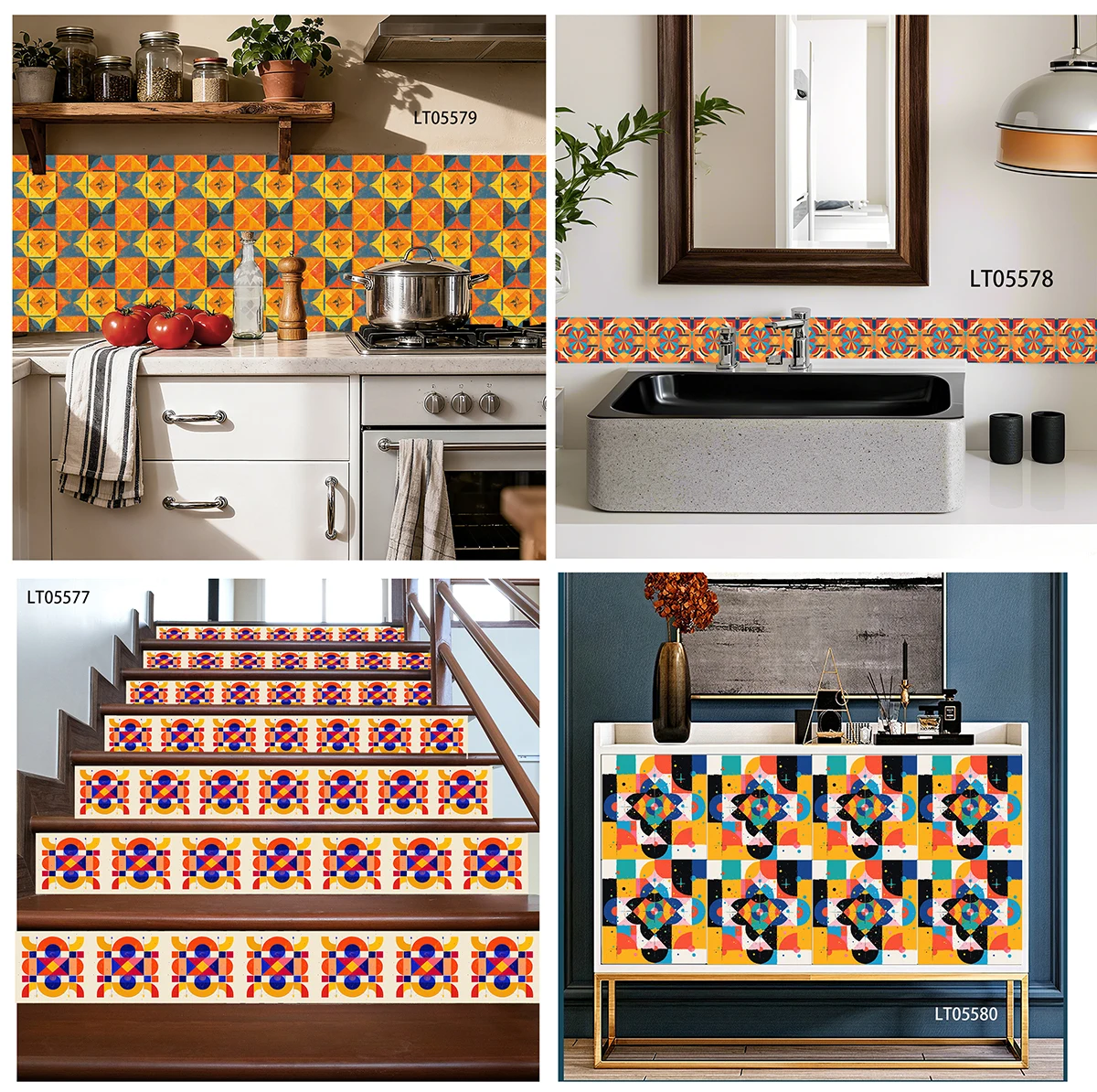 Colorful Mexican Geometric Tile Stickers Self Adhesive Waterproof Wall Decals for Kitchen Cabinet Stair Riser Skirting Decor