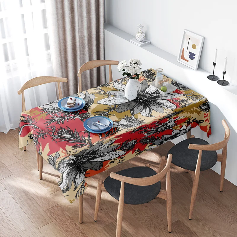 Colorful Floral Tablecloth with Leaves Design for Dining Tables Versatile Decorative Covers in 180x270cm Size (Red Black)