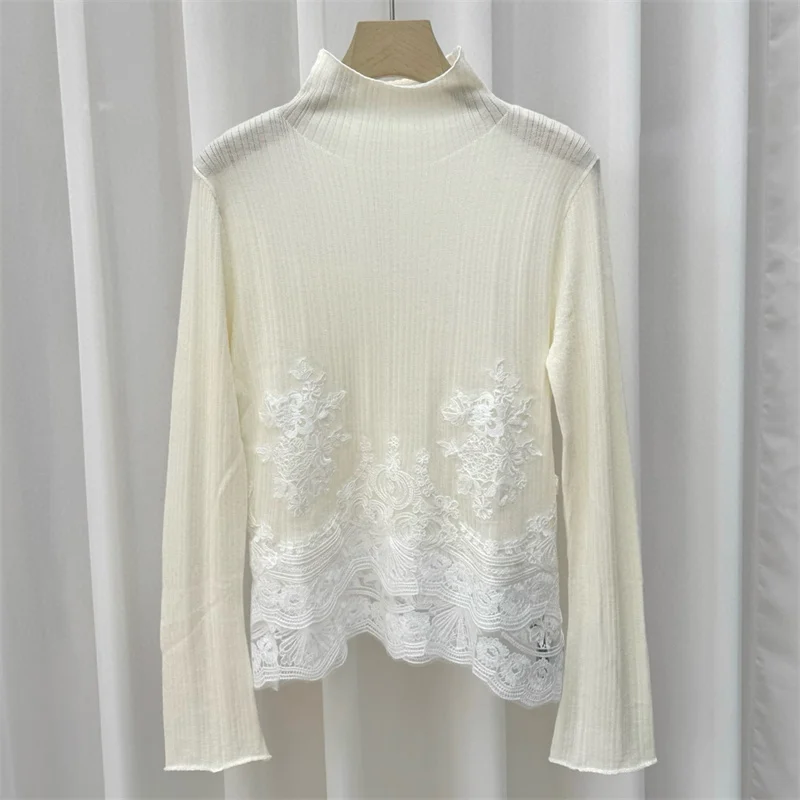 

Women's sweater New wool blend long sleeved top for autumn 2025 Lace patchwork high neck pullover Women's turtleneck knitwear