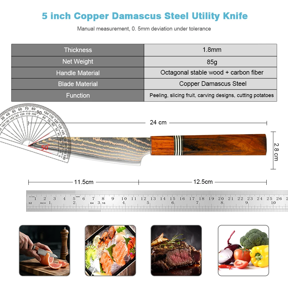 XITUO Utility Knife 5 Inch, 37-layer Copper Damascus Steel Sharp Kitchen Chef Knife for Paring Fruit,Vegetables, Rosewood Handle