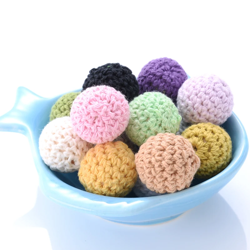 16mm 10pcs Colorful Crochet Beads Knitted By Cotton Thread Woolen Yarn For DIY Fit Decoration Baby Pacifier Chain Accessories