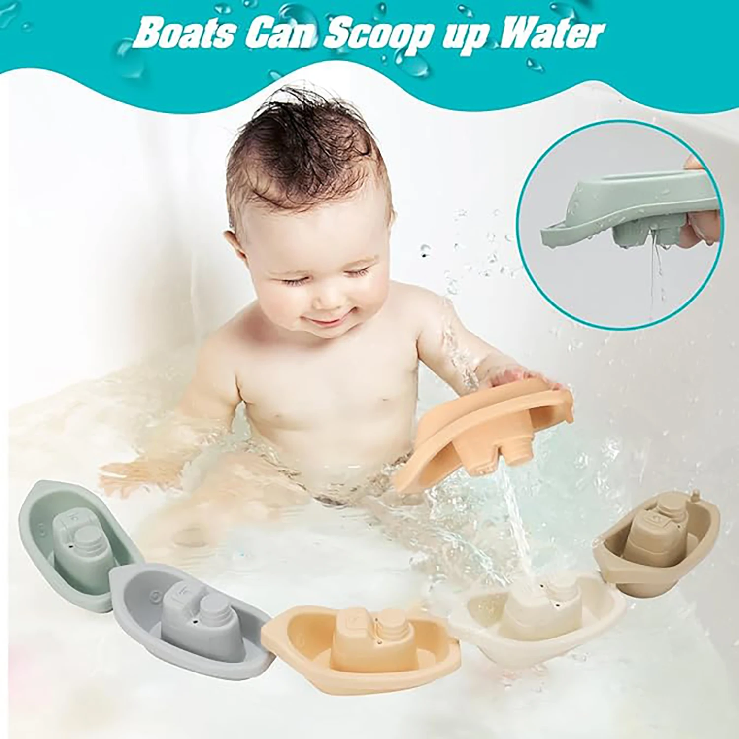 5 stackable boat toys, bathtub float toys, baby bathtub toys, boy/girl classification and stacking toys (5 colors)