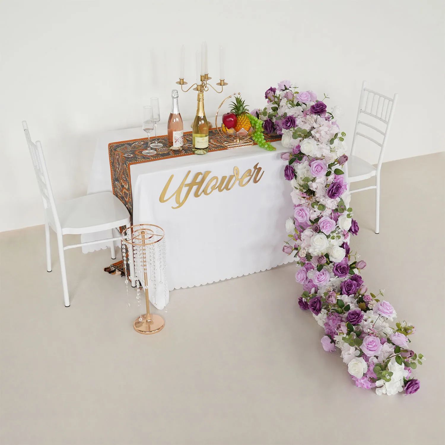 

Uflower Purple Rose Artificial Flower Row Arch Decor Wedding Backdrop Hang Flower Row 3D Floral Arrangement Marriage Event Props