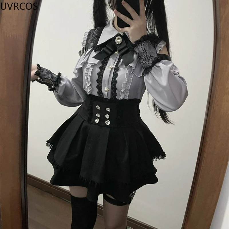 2024 Japanese Black Short Skirt Set Gothic Ruffle Mini Skirts Sexy Lace Off Shoulder Lolita Shirt Gown Faldas Y2k Aesthetic Suit