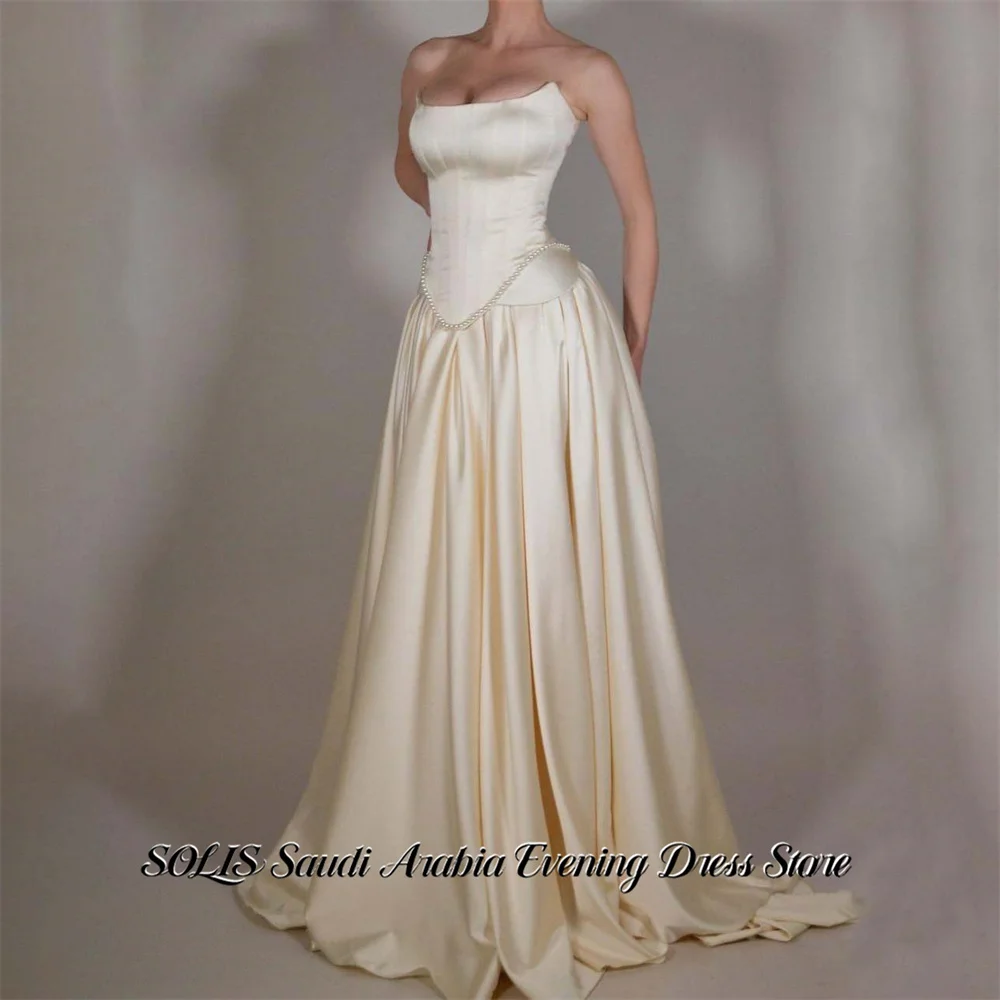 

SOLIS Ivory Prom Dresses Scoop Neck Celebrity Dresses A Line Satin Women's Evening Dresses with Pearls Formal Gown Customized
