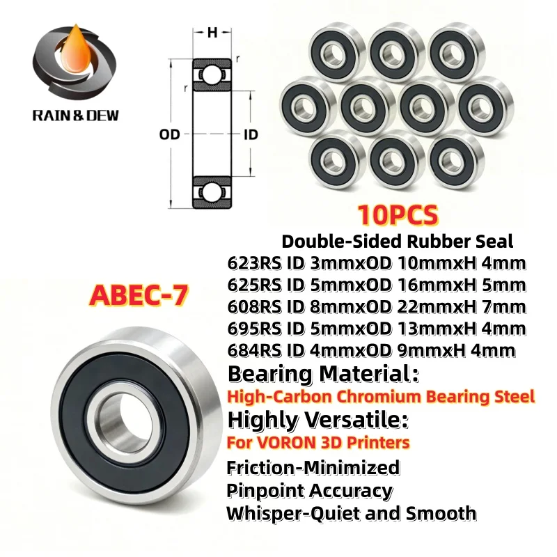 10Pcs 3D Print Bearing For VORON Ball Bearing ABEC-7 F623RS 3x10x4mm F695RS 5x13x4mm 684RS 4x9x4mm 625RS 5x16x5mm 608RS 8x22x7mm