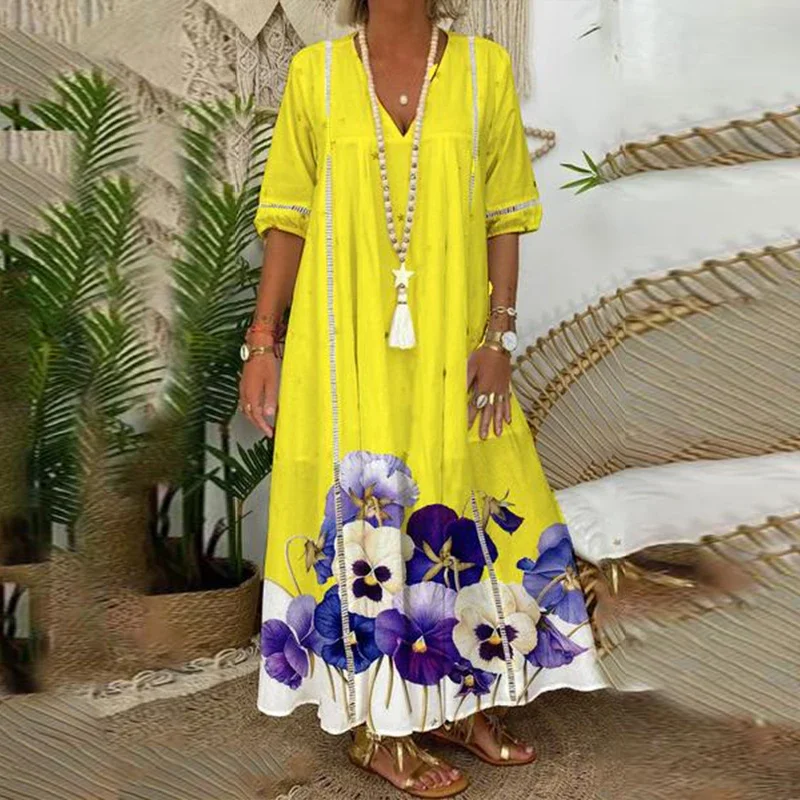 Abito lungo bohémien allentato con scollo a V femminile Abito da festa maxi con stampa floreale elegante primaverile Abiti estivi ricamati da donna