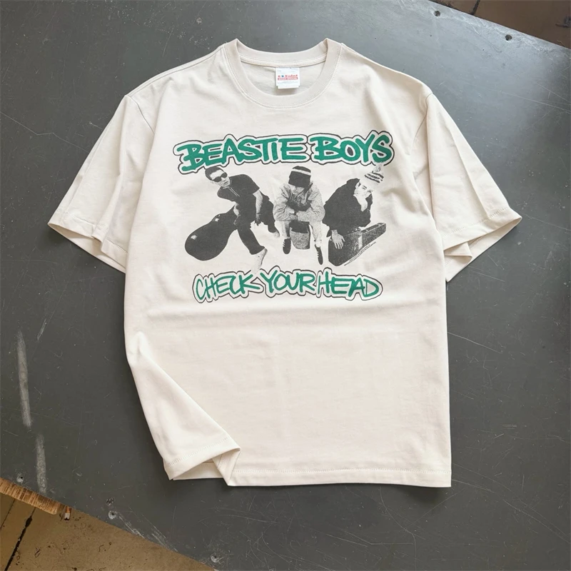 Summer Saint Band Letter Pattern Print Vintage Washed T-shirt Oversize Street Casual Loose Pure Cotton Short Sleeved Men Trendy
