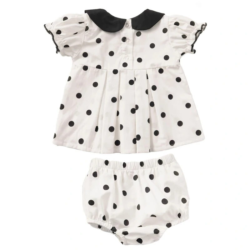 New summer baby clothing, polka dot short sleeved 100% off top+bread pants+headband, 3-piece set for 0-2 year old girls