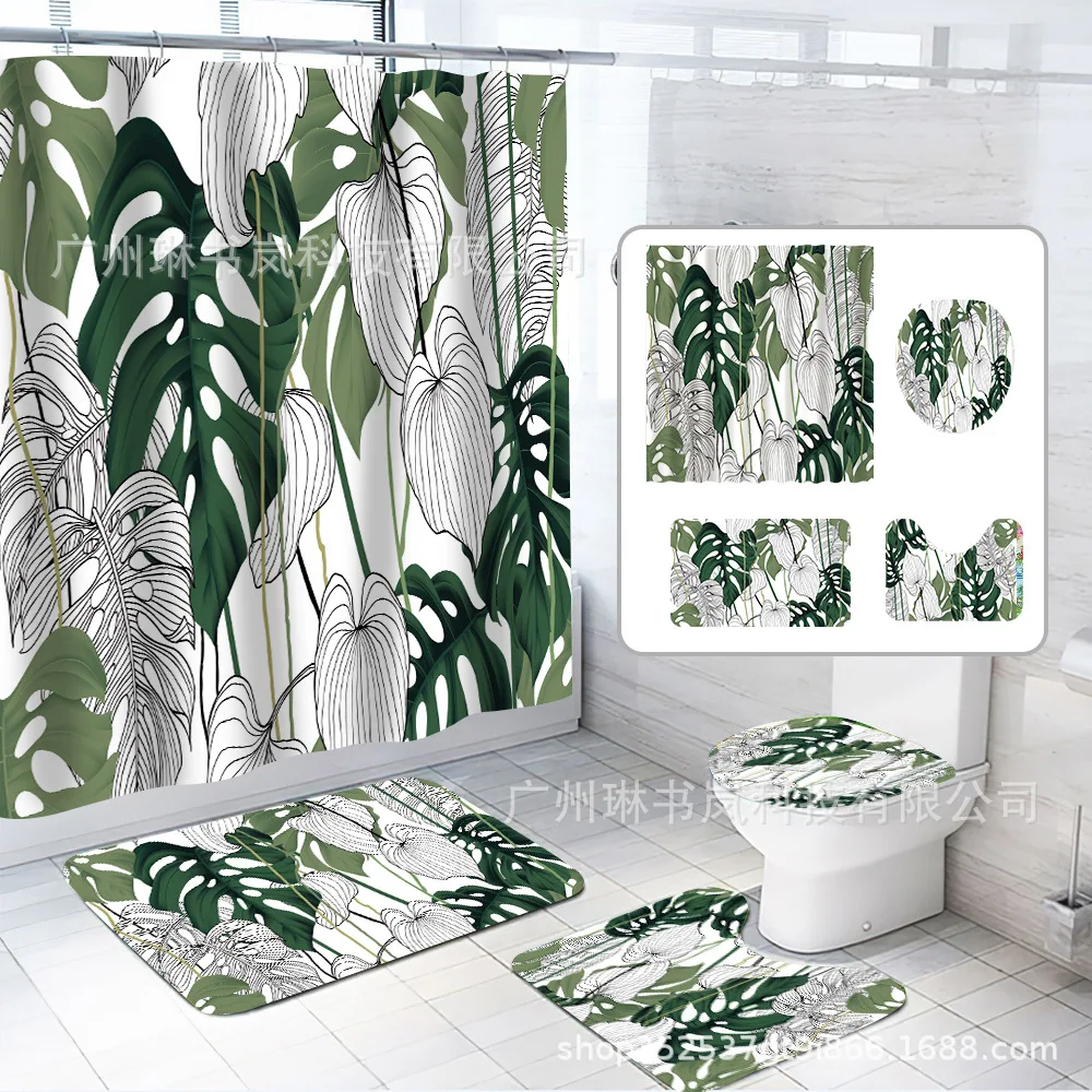 Tropical Leaves Shower Curtain Sets Green Palm Leaf Plants Bathroom Decor Fashion Non-Slip Rug Bath Mats Toilet Lid Cover