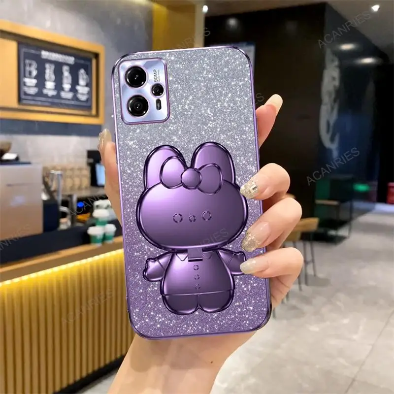 For Motorola Moto G13 G23 G53 G73 G8 Plus G9 Play E7 Power Invisible Makeup Mirror Rabbit Stand Plating Silicone Soft Case Cover