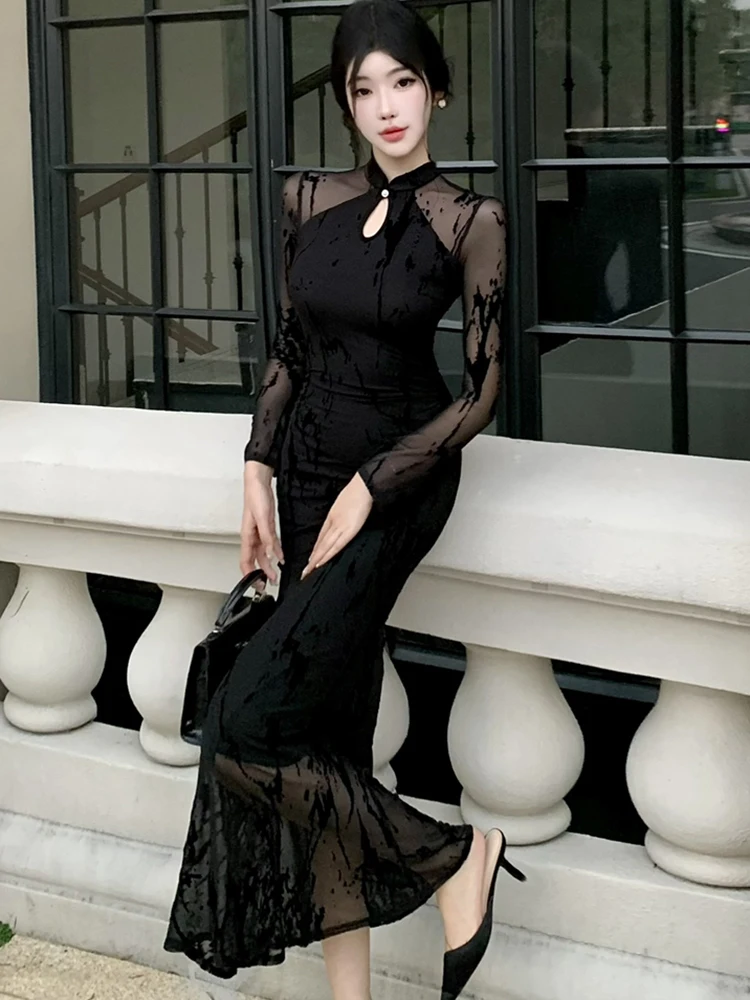 2025 Black Jacquard Patchwork Mesh Sheer Sexy Dress Autumn Winter Long Sleeve Bodycon Dress Women Korean Vintage Hepburn Dresses