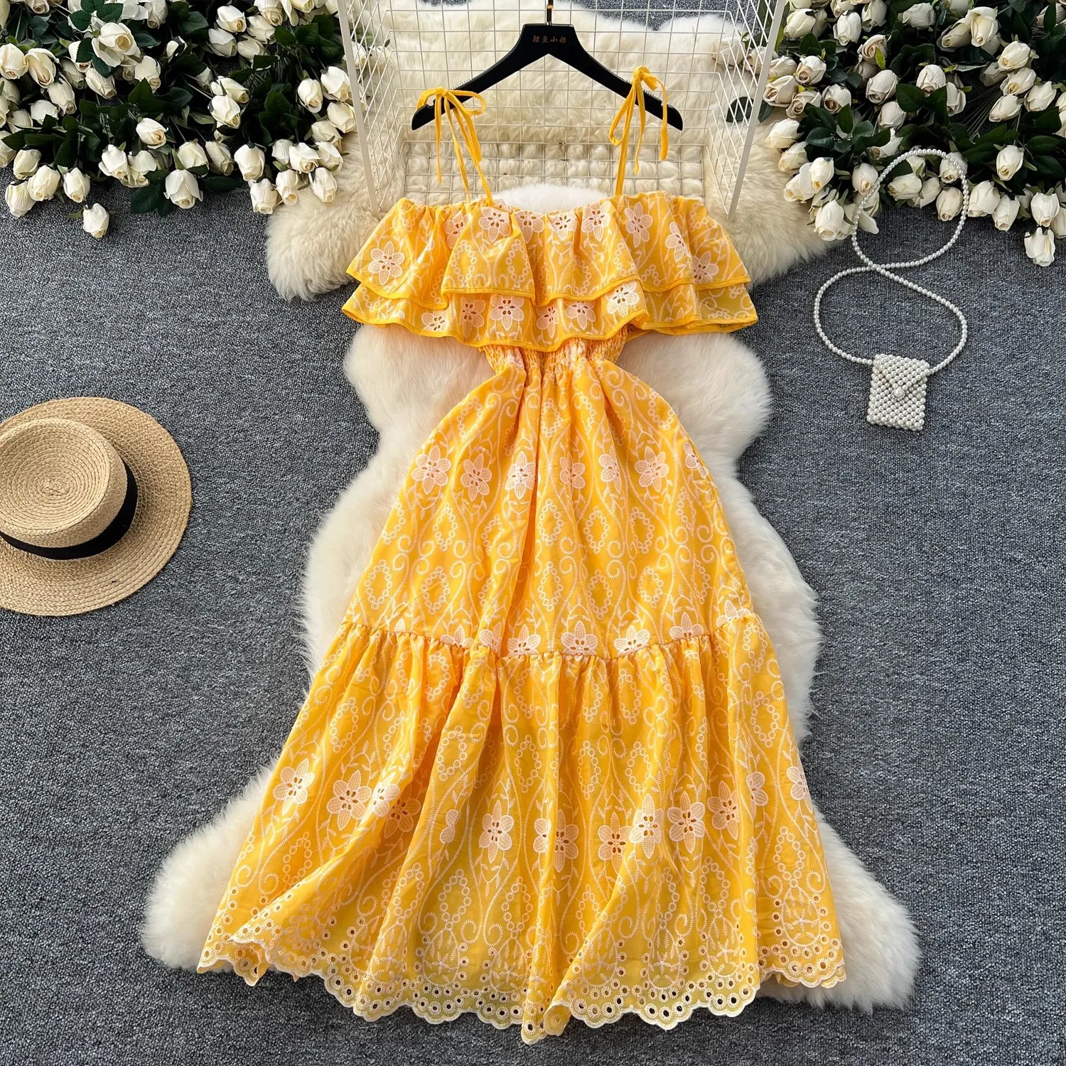 

2025 Summer Sweet Holiday Style Beach Dress Feminine One-shoulder Strapless Sling Ruffle Waist Hollow Embroidery Midi Dress
